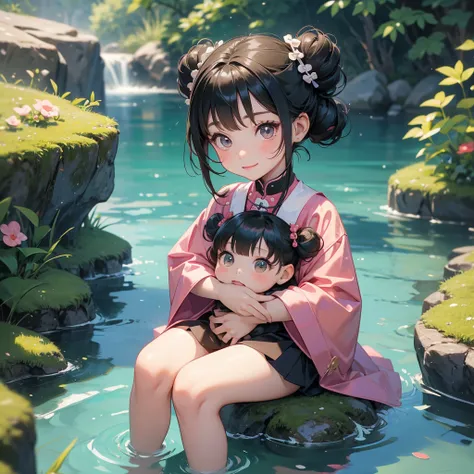 A chibi child girl had a small face and wearing a little tourist priest’s outfit, a pair of big round eyes shone with curiosity about him. This child was so cute, her hair is black with buns on her hair. Small chibi , chibi baby, smiling , chibi. 

Sitting...