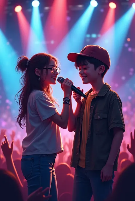 Cover of two teenage singers in concert, one with glasses, the other boy with a cap
