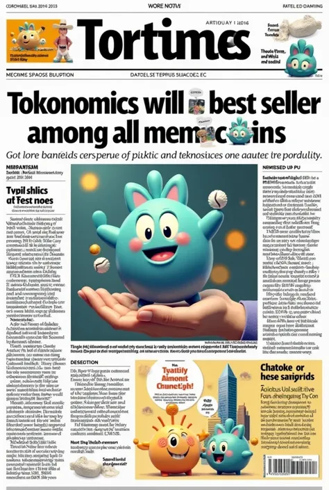 Hyiking Express  Newspaper front page with  heading Tokonomics will be best seller among all memecoins  in Times New Roman style in  English language and a photo of hyeina coin cartoon imgae under thehe headline 