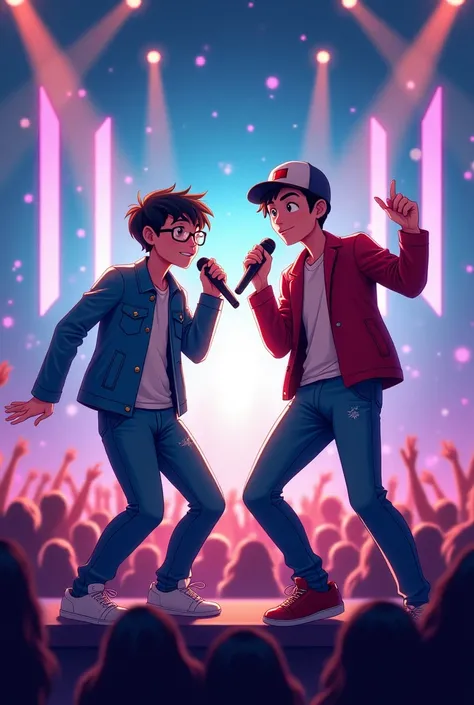 Cover of two teenage singers in concert, one boy with glasses, the other boy with a cap
