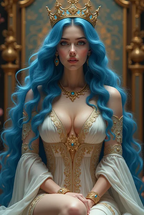 Majestic queen woman pink color sitting big breast blue hair with crown tender smiling 