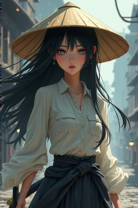 Girl with long black hair, wearing a service shirt, holding a sword, wearing a Vietnamese conical hat, and star-shaped eyes