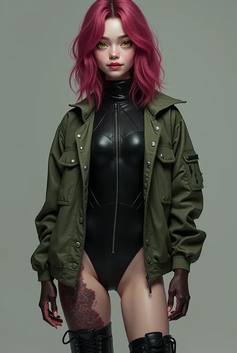 A girl with dark pink/ maroon hair, yellow eyes, fair skin, but some places are turning black, she is wearing a black body suit with a zipper in the front but an oversized army jacket over top, she also has black combat boots on. She has a pleasant express...