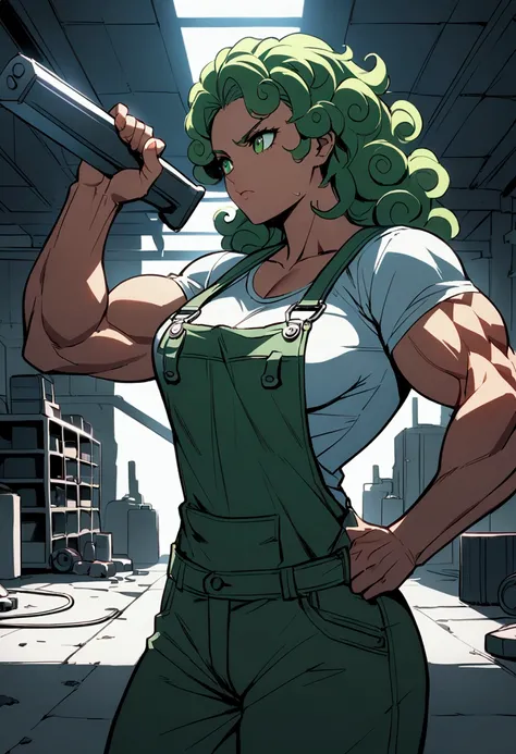 Generate a manga style illustration of a strong, confident female mechanic with curly hair and large green eyes. She is wearing a white, short-sleeved t-shirt that clings to her well-defined, muscular physique. Over the t-shirt, she has a pair of overalls ...