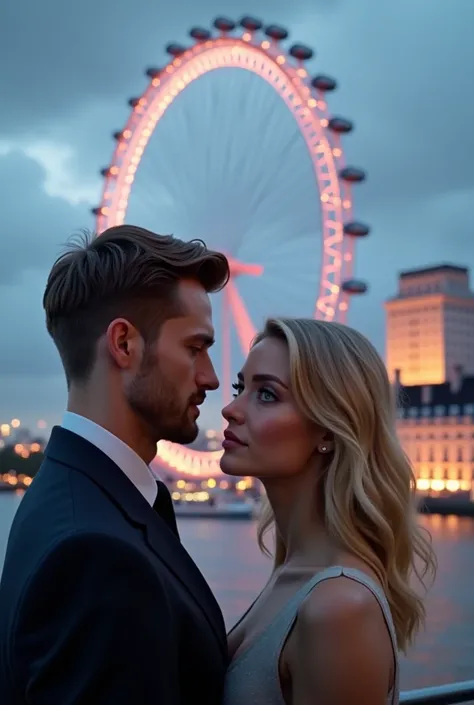 (photorealism:1.2), A couple hugging in front of the London Eye,  taking a profile selfie man brown hair and eyes, with old money style haircut, blonde woman with green eyes 8k ultra realistic