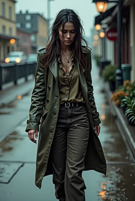 (photorealism:1.2), beautiful woman, sad face, walking on a wet sidewalk, wearing a loose jacket, cloudy, its raining, her hair is wet, her clothes are wet, realistic, complex details, warm colors, atmosphere of upset feelings of a woman