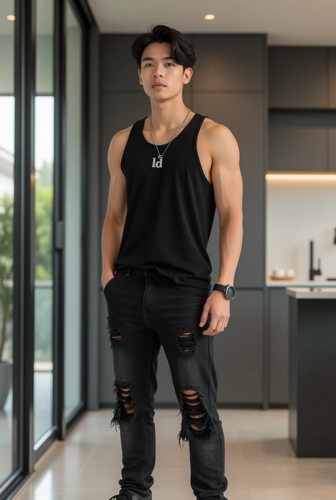 A handsome young man thai, Body clean and white,wearing bright black tanktop, wearing A small silver necklace with the logo"LD", slightly Torn black jeans,black hair style, black sports shoes, slightly chubby, handsome, krim modern interior background 