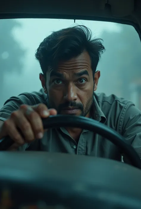 cinematic, photorealistic film poster of a man driving a car, who just met with an accident, shocked, front face, mid close up shot, hand in steering, arjeeling, monsoon, heavy fog, wrecked bumper, evening