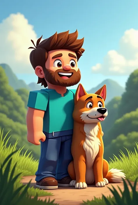 2D cartoon design of Steve and his dog with real shape and human body and no cube in minecraft 