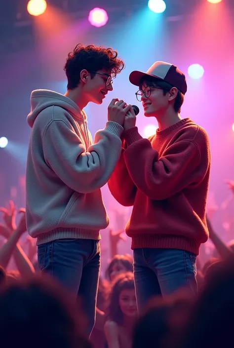 Cover of two teenage singers in concert, one boy with glasses, the other boy with a cap, both with sweaters
