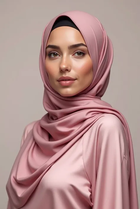 best quality, masterpiece:1.3 portrait), detailed, perfect face,hijab satin pink . 35year old women, (( . ((Nude breast))((Full body nude). ((Big tight)).skinny  . medium busty breast saggy.