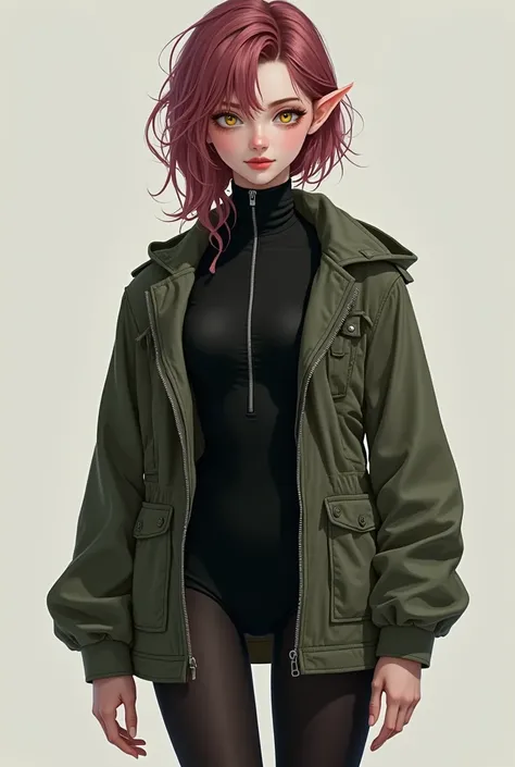 A girl with dark pink/ maroon hair, yellow eyes, fair skin, she is wearing a black body suit with a zipper in the front but an oversized army jacket over top, she also has black combat boots on. She also has natura pointy elf ears. She has a pleasant expre...