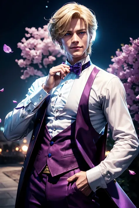 KOF,King of Fighters,King,Blue Eyes,Blonde Hair,Medium Hair,White long shirt,Purple vest,A bow tie,Beautiful white skin,Photorealistic,Ultra HD,high quality,masterpiece,Digital SLR,Detailed details,Intricate details,Anatomical basis,Depicted in detail,A de...