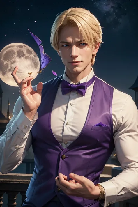 KOF,King of Fighters,King,Blue Eyes,Blonde Hair,Medium Hair,White long shirt,Purple vest,A bow tie,Beautiful white skin,Photorealistic,Ultra HD,high quality,masterpiece,Digital SLR,Detailed details,Intricate details,Anatomical basis,Depicted in detail,A de...