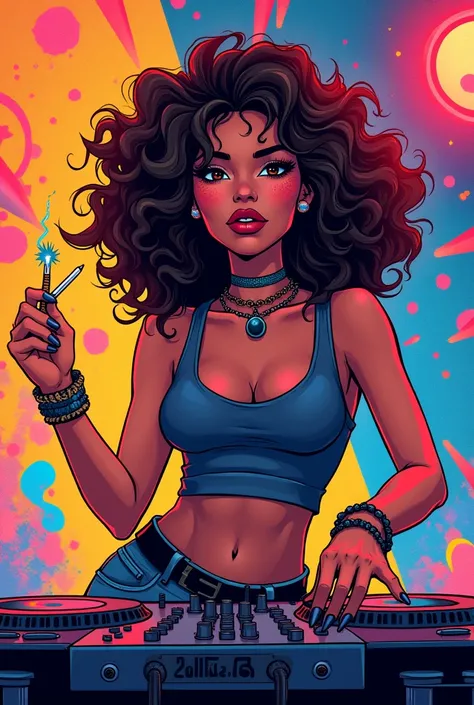 A girl with brown curly hair as a dj with an joint in comic style