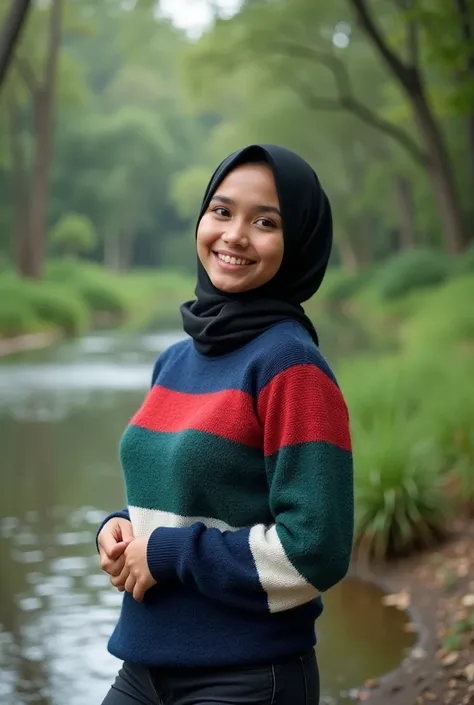 A young Indonesian woman wearing a black hijab and a blue, Reed, green ,withe sweater, posing with a cheerful and relaxed expression by the riverside. She is standing next to a gently flowing river, Big Boobs surrounded by lush greenery and tall trees. The...