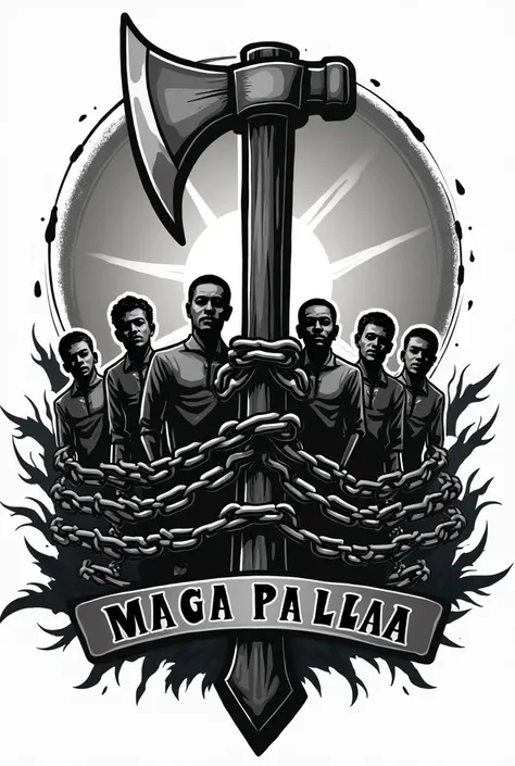 logo with a theme of Filipino : wikang mapagpalaya where there is an ax breaking the chain of bunch of people at the back