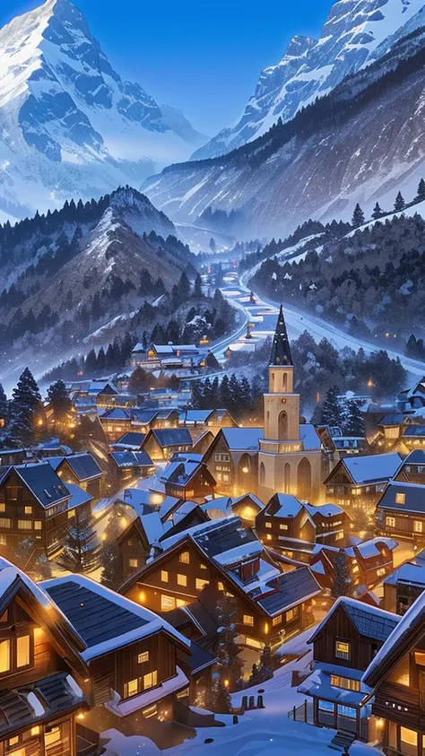 The lights are on in the village under the snow-capped mountains