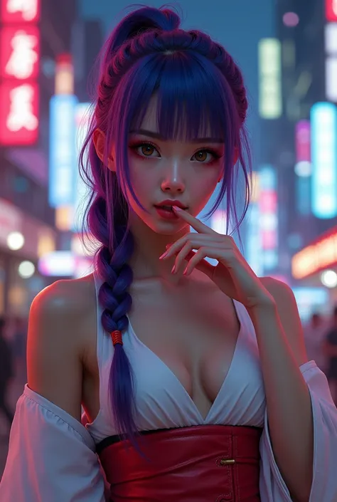 1girl, blunt bangs, braid, wide sleeves, hair ornament, japanese clothes, red obi, (purple hair:1.2), very long hair, straight hair, looking at viewer, highly detailed background, (photo realistic:1.2), detailed eyes, red eyeshadow, depth of field，thigh, (...