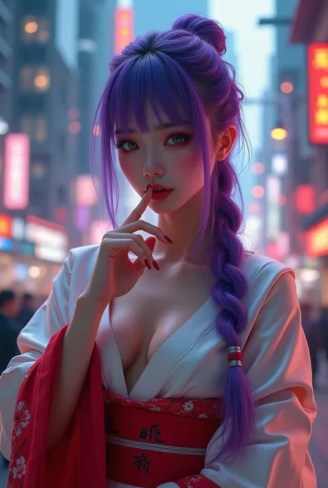 1girl, blunt bangs, braid, wide sleeves, hair ornament, japanese clothes, red obi, (purple hair:1.2), very long hair, straight hair, looking at viewer, highly detailed background, (photo realistic:1.2), detailed eyes, red eyeshadow, depth of field，thigh, (...