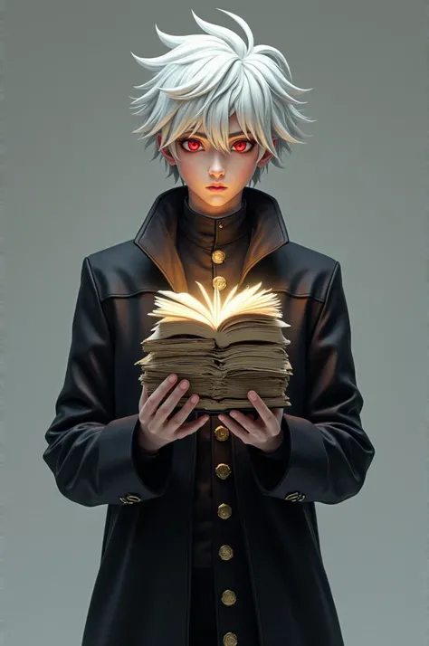 Young male teenager aged 17, White hair, Red eyes, black set like a long coat simulating holding a "grimorio", This grimoire would actually be a set of magical pages piled up simulating a grimoire without a cover or cover., Likewise the young man would be ...