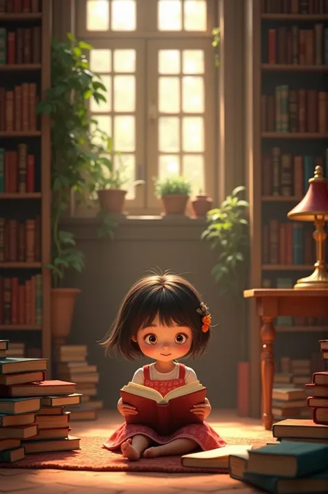 Create an animated image of a girl sitting reading a book in a library 