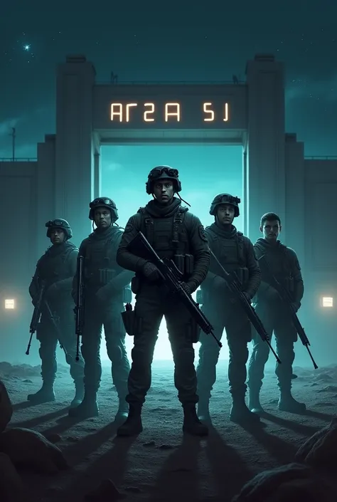 A US Special forces guy with 6 friends standing at area 51 gate middle of the night, Realistic