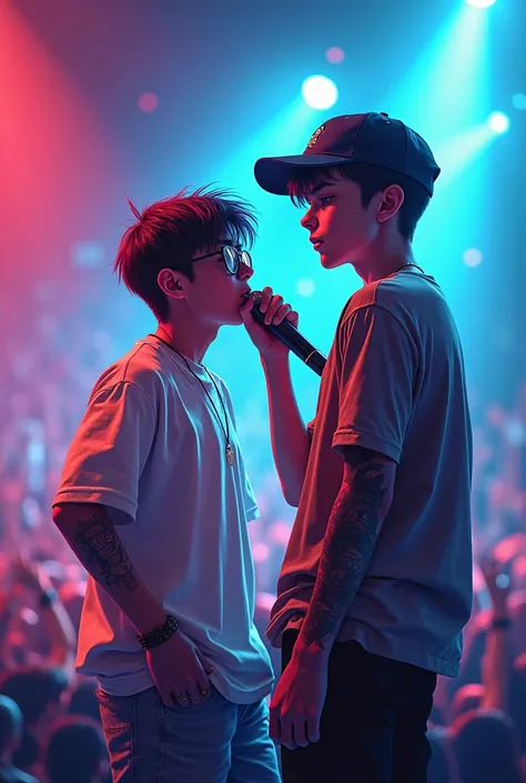 Cover of two teenage singers in concert, one boy with glasses, the other boy with a cap and a tattoo of a samurai on his forearm  
