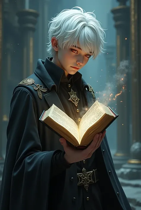 Young male teenager aged 17, White hair, Red eyes, black set like a long coat simulating holding a "grimorio", This grimoire would actually be a set of magical pages piled up floating to simulate the shape of a grimoire without a cover or lid., Likewise th...