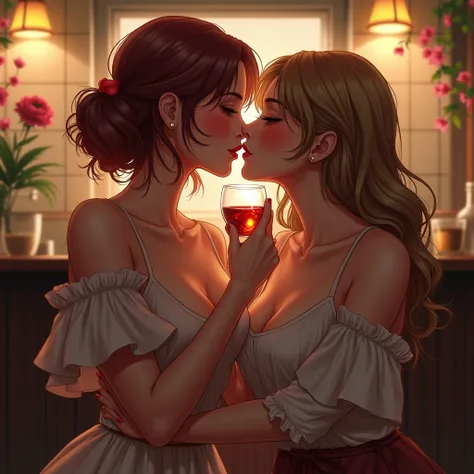 (masterpiece, highest quality, official art, beauty and aesthetic, the most important work), perfect anatomy, perfect hands, two women is deeply in love with each other, kiss, destined for each other, romantic atmosphere, flower and drink, bar