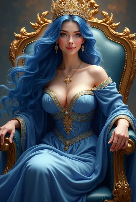 Majestic queen woman pink color sitting big breast blue hair with crown tender smiling 