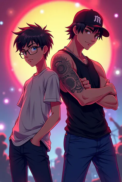 Cover of two teenage singers in concert, one skinny boy with glasses, the other muscular boy with a cap and a tattoo of a samurai on his forearm  
