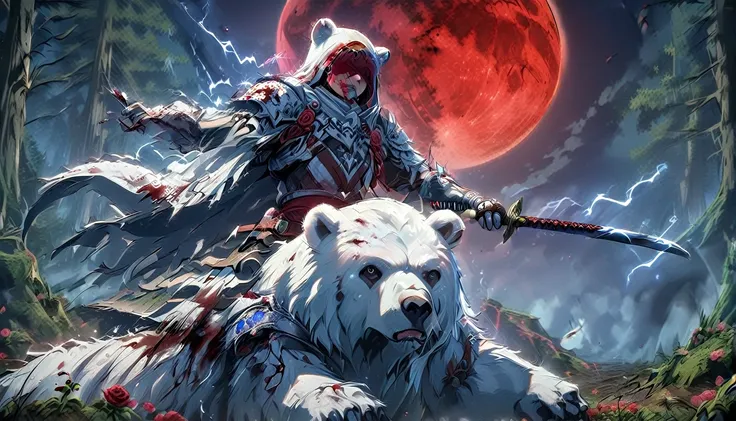 one man with a white hood with bear ears and a katana sits riding a big polar bear in a forest while the blood moon shines, many...