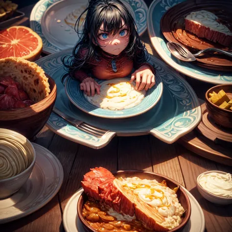 a sad-looking cartoon character,an empty plate in front of them,eyeing a delicious spread of food they cant have,extremely detailed,photorealistic,high quality,8k,cinematic lighting,vibrant colors,dramatic shadows,compelling composition,emotional expressio...