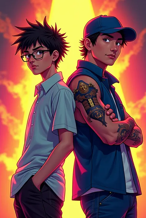 Cover of two teenage singers in concert, one skinny boy with glasses, the other muscular boy with a cap and a tattoo of a samurai on his forearm  
