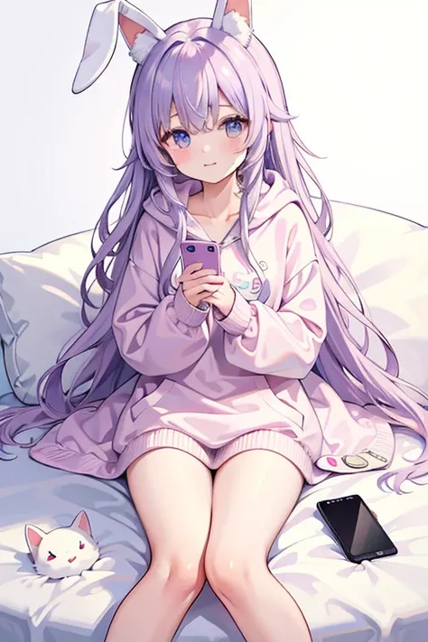 ((Highest quality)), ((masterpiece)), (detailed), One baby-faced girl, cute,Long, loosely wavy light purple hair,Bunny ears hoodie,Fluffy loungewear,I have a smartphone,Cat mouth,White background