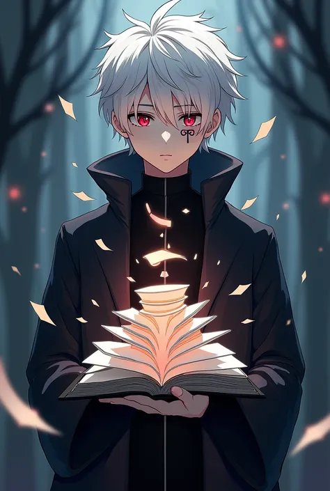 Inspired by the anime and manga black clover: Young male teenager aged 17, White hair, Red eyes, He has a magic mark with a symbol representing time on his left eye., black set like a long coat simulating holding a "grimorio", This grimoire would actually ...