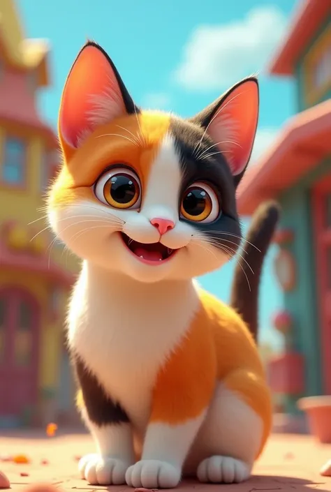 Wide-eyed calico cat animated