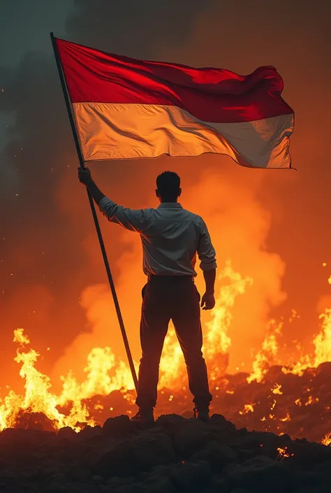 man standing in flames holding Indonesian flag