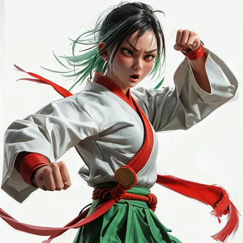 A fierce martial artist in a dynamic fighting stance, wearing traditional kung fu attire with a red sash, mid-air kick with powerful leg extension, intense facial expression,. emphasizing muscle definition and movement full standing pose, side style light ...