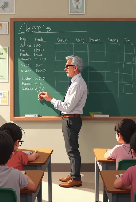 Draw illustrations: The teacher is drawing a schedule on the board.