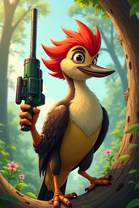 A manga-style woodpecker with a gun-shaped drill