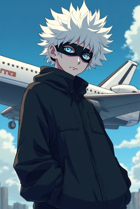 anime character, White hair, afro curly hair, pale skin, bright blue eyes, Long white eyelashes, male, tall, big glossy lips, , grey eyebrows, blindfold, black baggy outfit, space shuttle, 