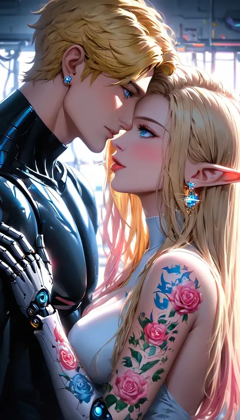 guy and girl ethereal demonic 2 anime guy 女 druids, metallic long light blonde hair, delicate masterpieceintimate delicate etched Shine neon tattoos, Amazing panoramic painting of a beautiful and gorgeous winking robot ((male)) I almost kissed her, Perfect...