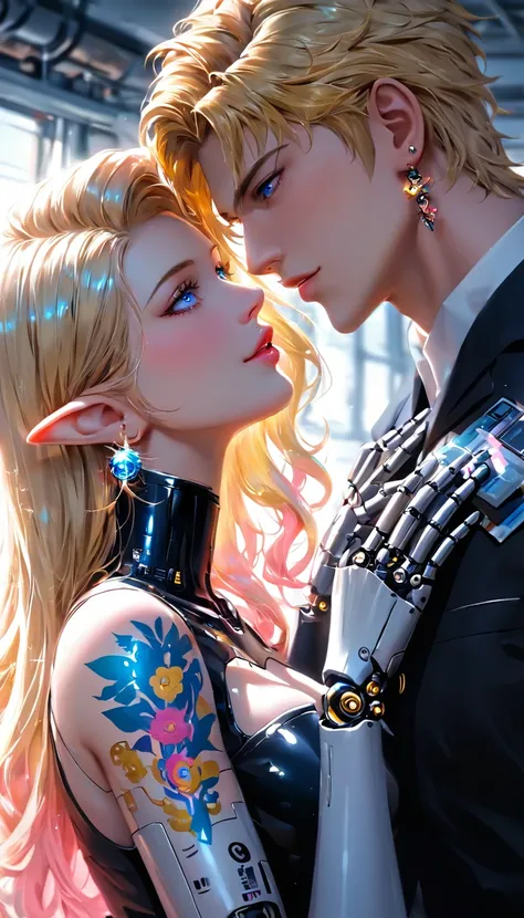 guy and girl ethereal demonic 2 anime guy 女 druids, metallic long light blonde hair, delicate masterpieceintimate delicate etched Shine neon tattoos, Amazing panoramic painting of a beautiful and gorgeous winking robot ((male)) I almost kissed her, Perfect...