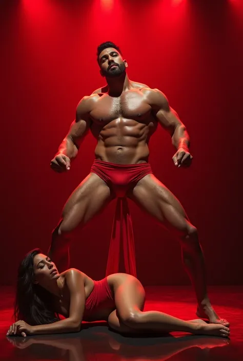 A young Puerto Rican man hairy bearded strong muscular red underwear bulge bulge, standing with his legs spread wide open on top of a beautiful woman in red panties lying on the floor below, having his underwear pulled down with his hands by the woman, in ...