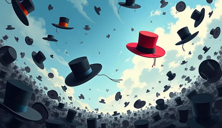 Create a dynamic illustration of plenty of hats falling from the sky. Most of the hats should be black, but include one red hat prominently among them. The red hat should stand out and be manipulated in a way that gives it a heroic, standout quality, as if...