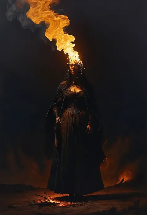 painting of a witch burning, fire, dark atmosphere, cinematic scene, volumetric lights, ultra realistic, in the style of nicola samori