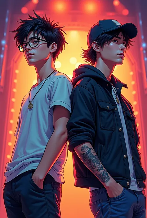 Cover of two teenage singers in concert, one skinny boy with glasses, the other muscular boy with a cap and a tattoo of a samurai on his forearm  
