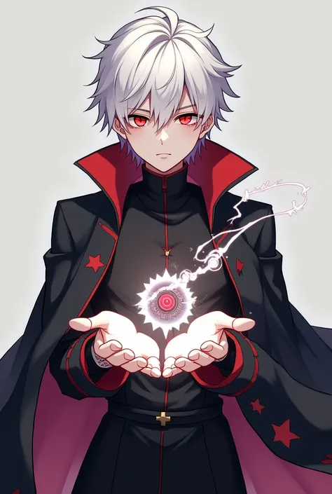 Inspired by the anime and manga black clover: Young male teenager aged 17, White hair, Red eyes, He has a magic mark with a symbol representing time on his left eye., black set like a long coat simulating holding a "grimorio", saying "grimorio" It would be...